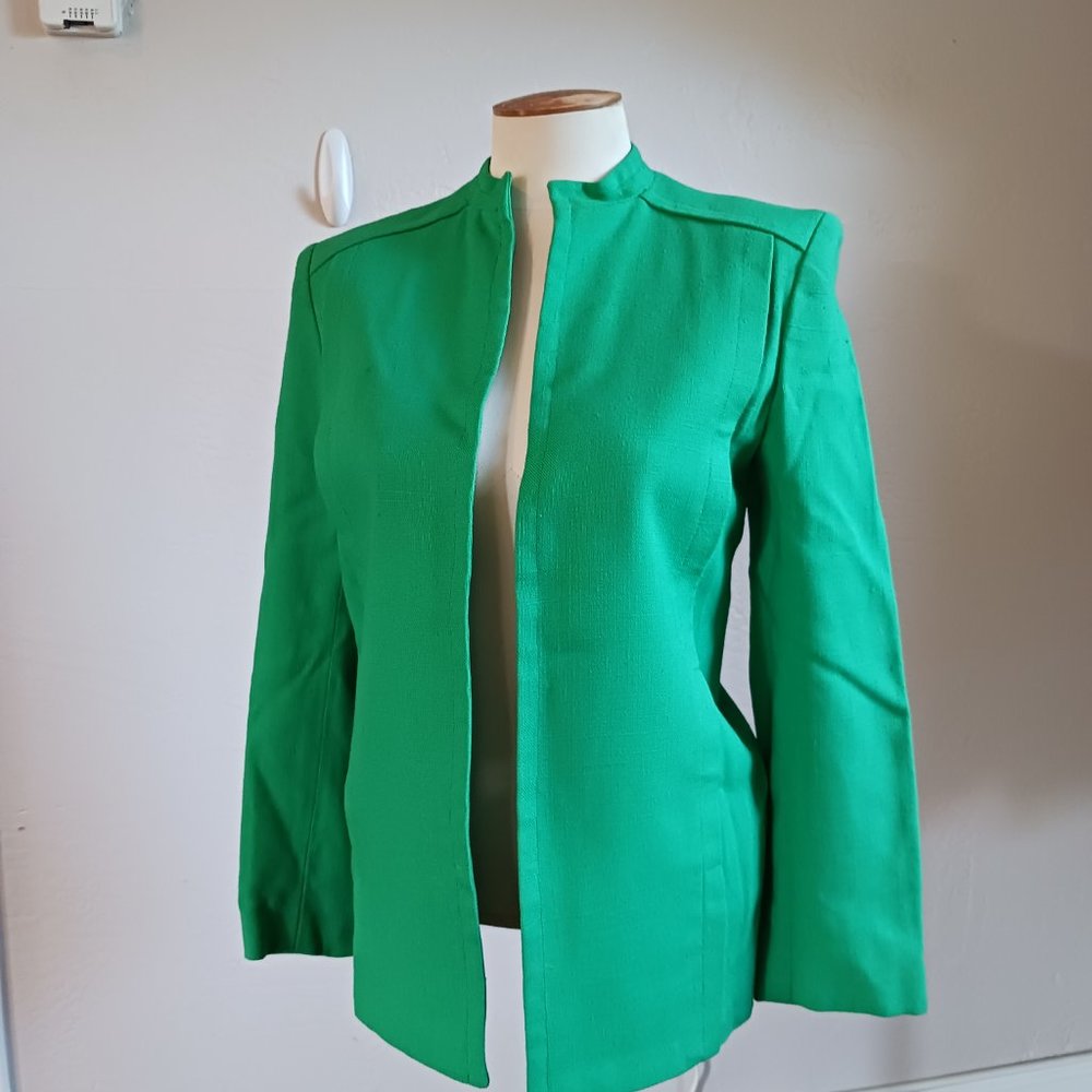 BYRON Vintage Green Open Front Blazer, Linen Look Rayon, Lined Stunning Detail